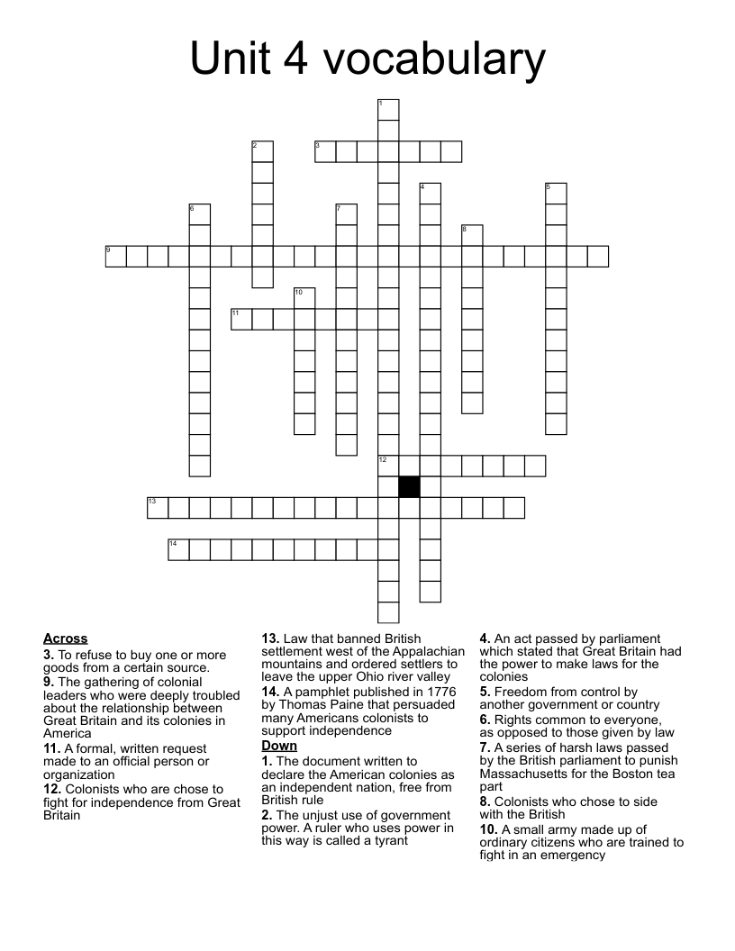 Unit 4 vocabulary Crossword