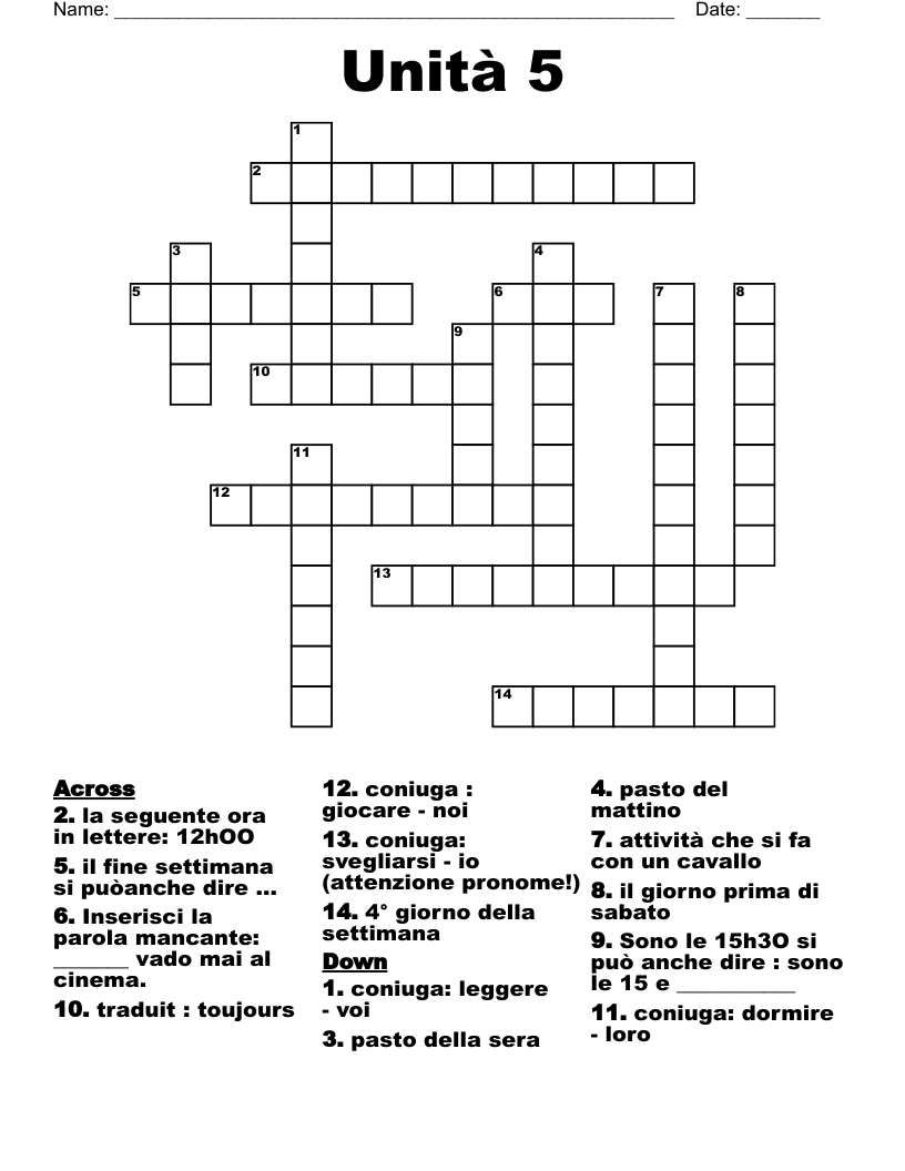 Unità 5 Crossword