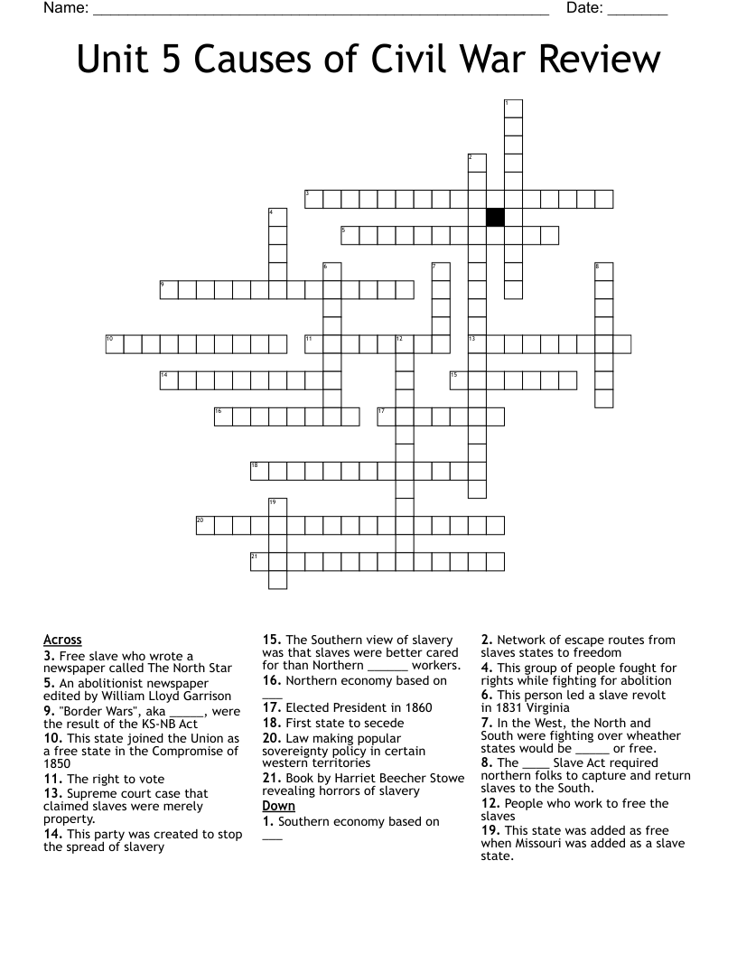 Unit 5 Causes of Civil War Review Crossword
