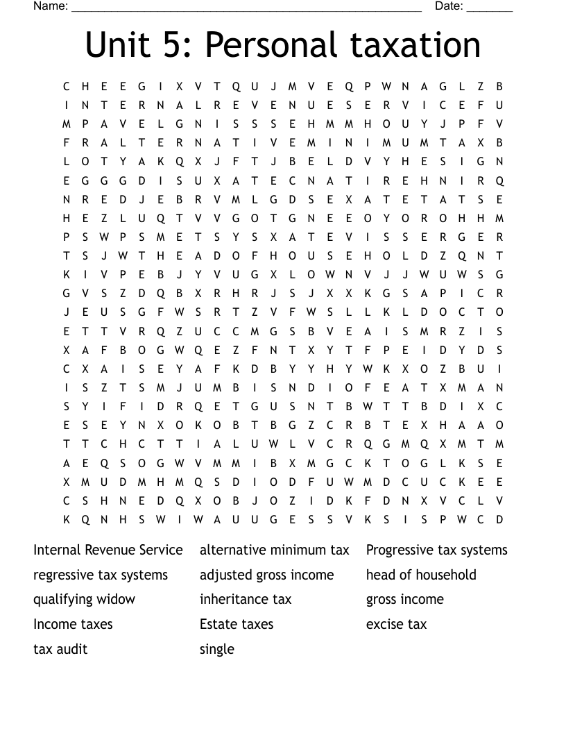 Unit 5: Personal taxation Word Search