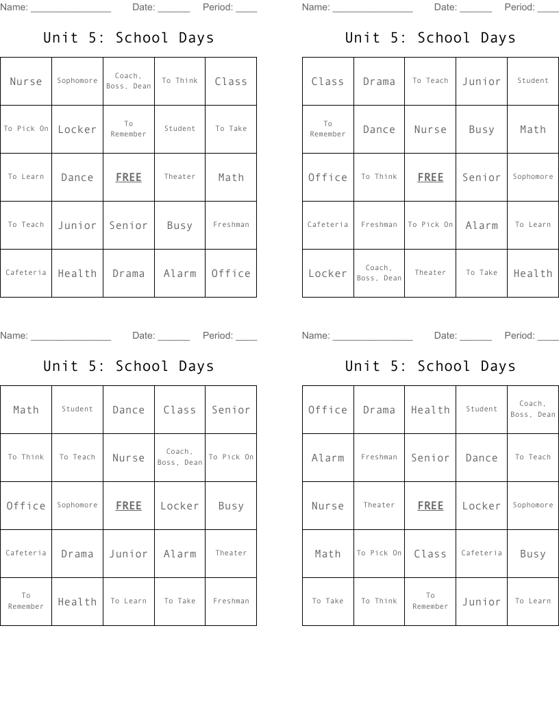 Unit 5: School Days Bingo Cards