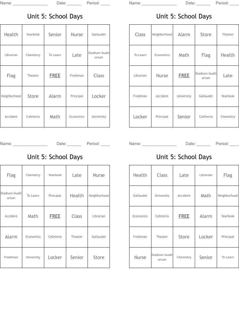 Unit 5: School Days Bingo Cards