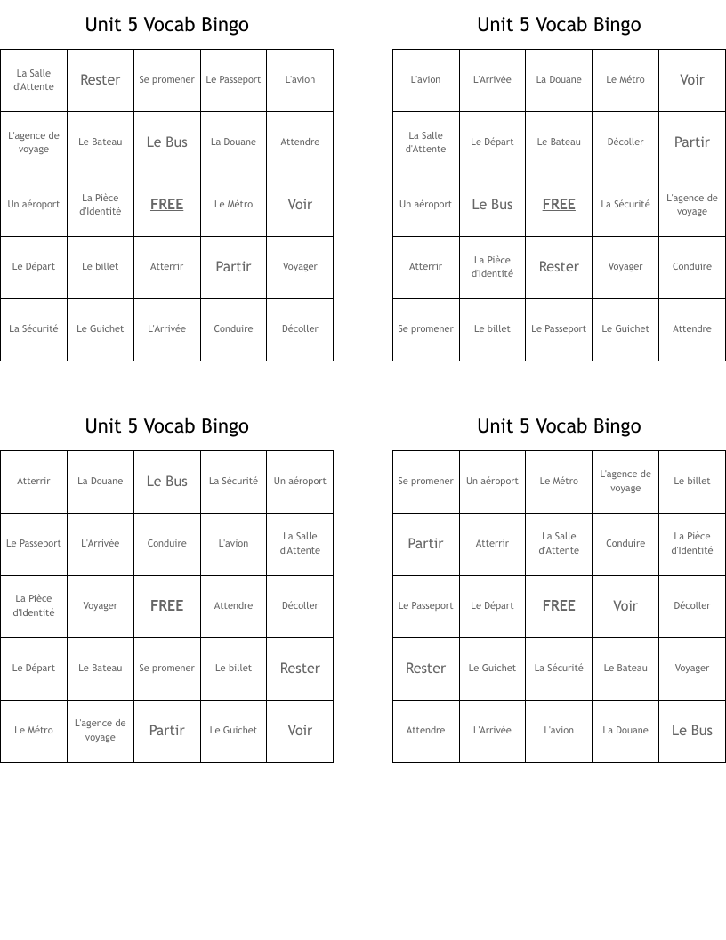 Unit 5 Vocab Bingo