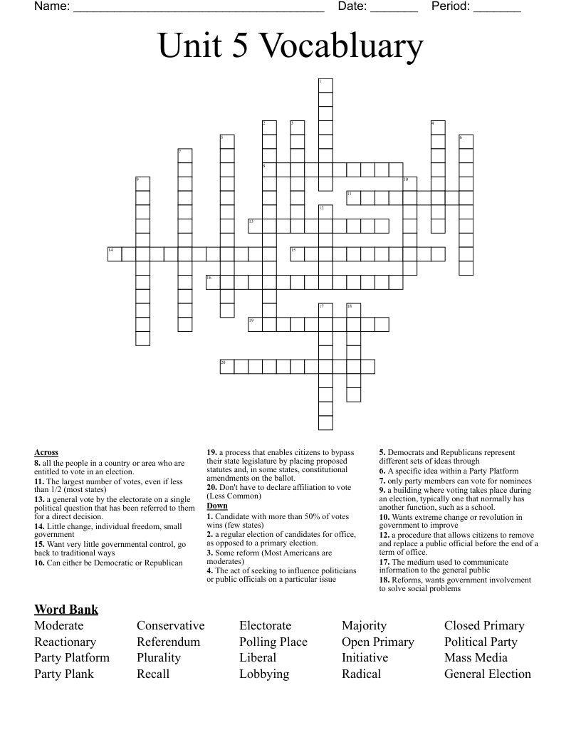 Unit 5 Vocabluary  Crossword