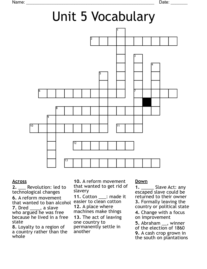 Unit 5 Vocabulary Crossword