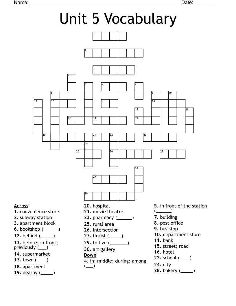 Unit 5 Vocabulary Crossword