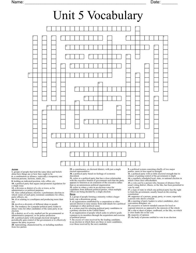 Unit 5 Vocabulary Crossword