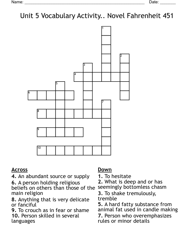 Unit 5 Vocabulary Activity.. Novel Fahrenheit 451 Crossword
