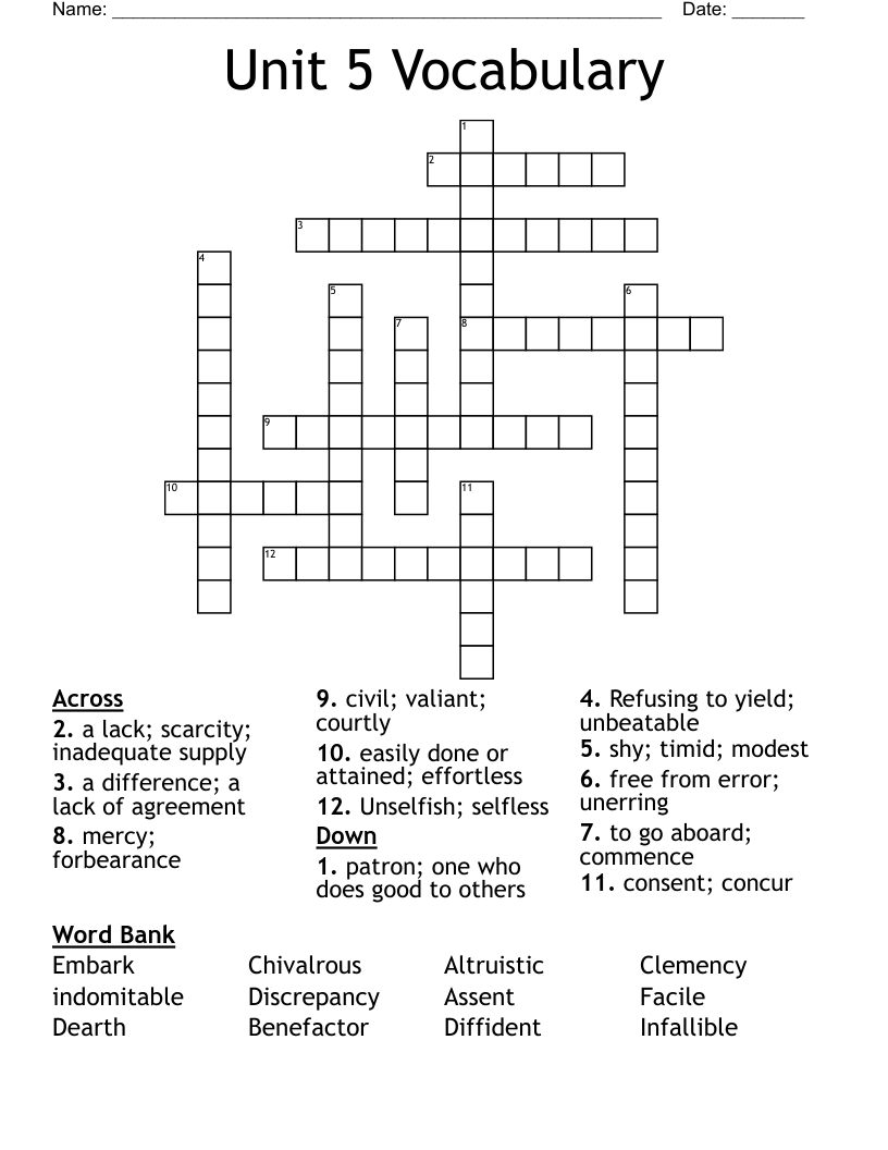 Unit 5 Vocabulary  Crossword