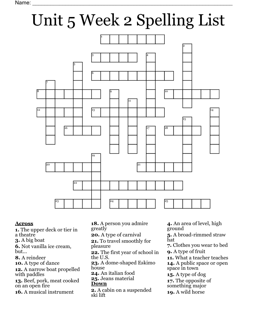 Unit 5 Week 2 Spelling List Crossword