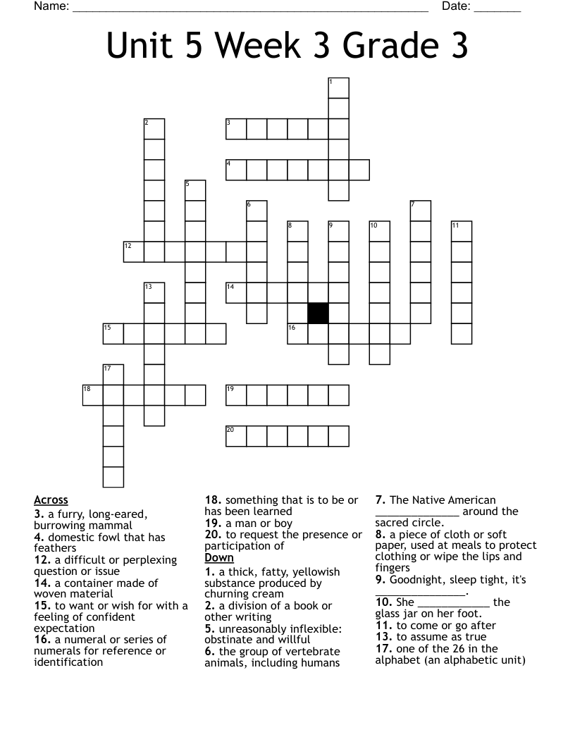 Unit 5 Week 3 Grade 3 Crossword
