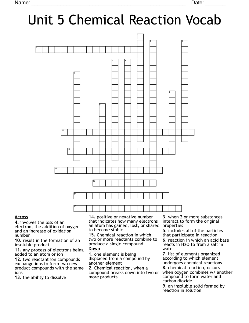Unit 5  Chemical Reaction Vocab Crossword