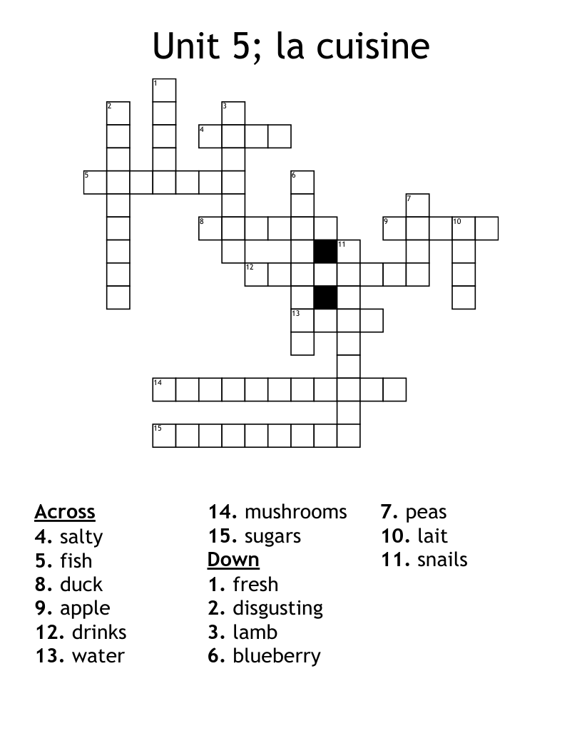 Unit 5; la cuisine Crossword