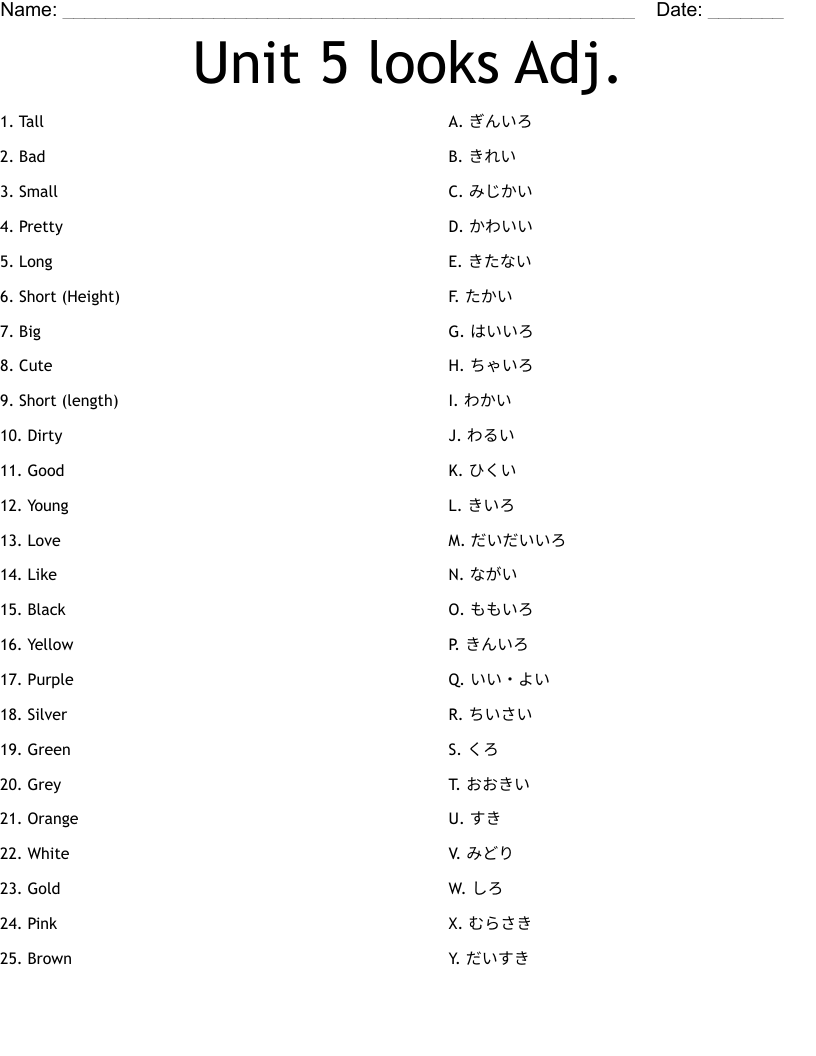 Unit 5 looks Adj. Worksheet