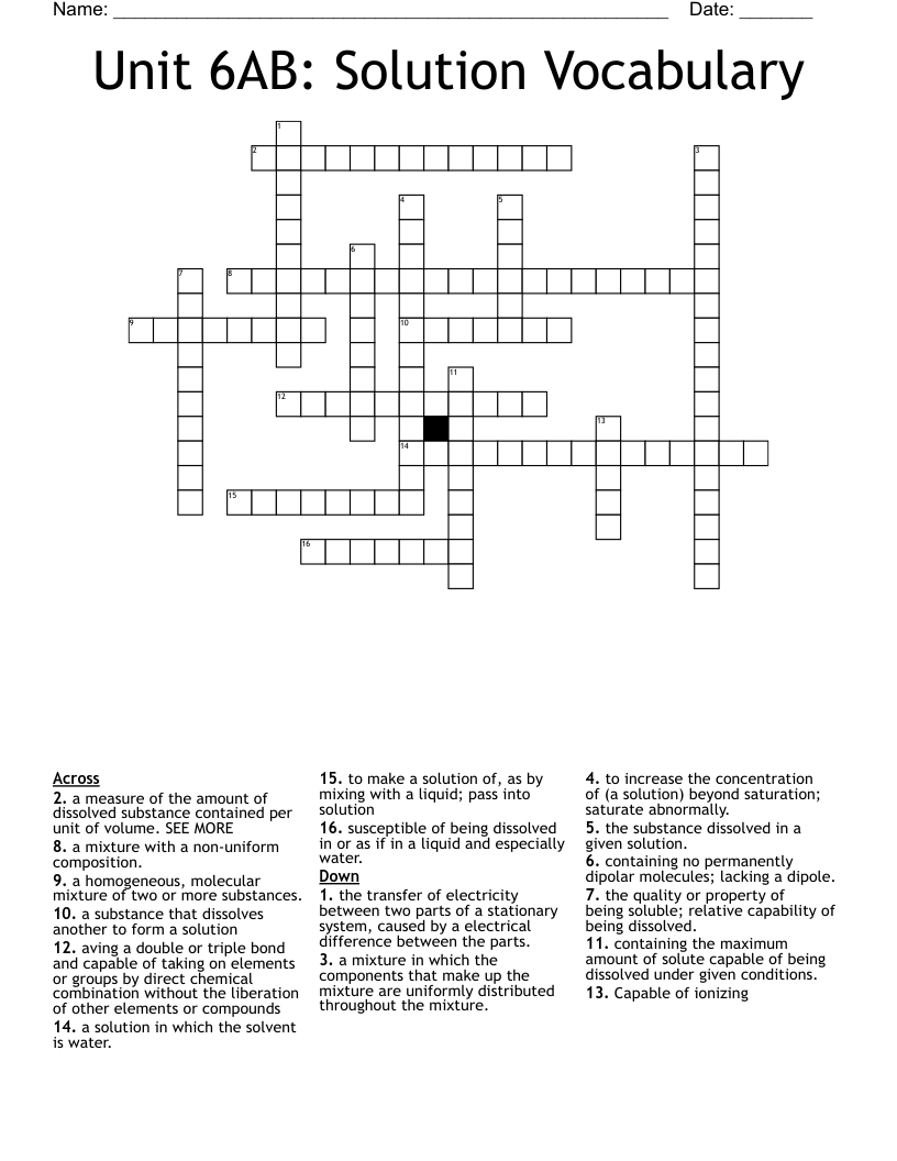 Unit 6AB: Solution Vocabulary Crossword