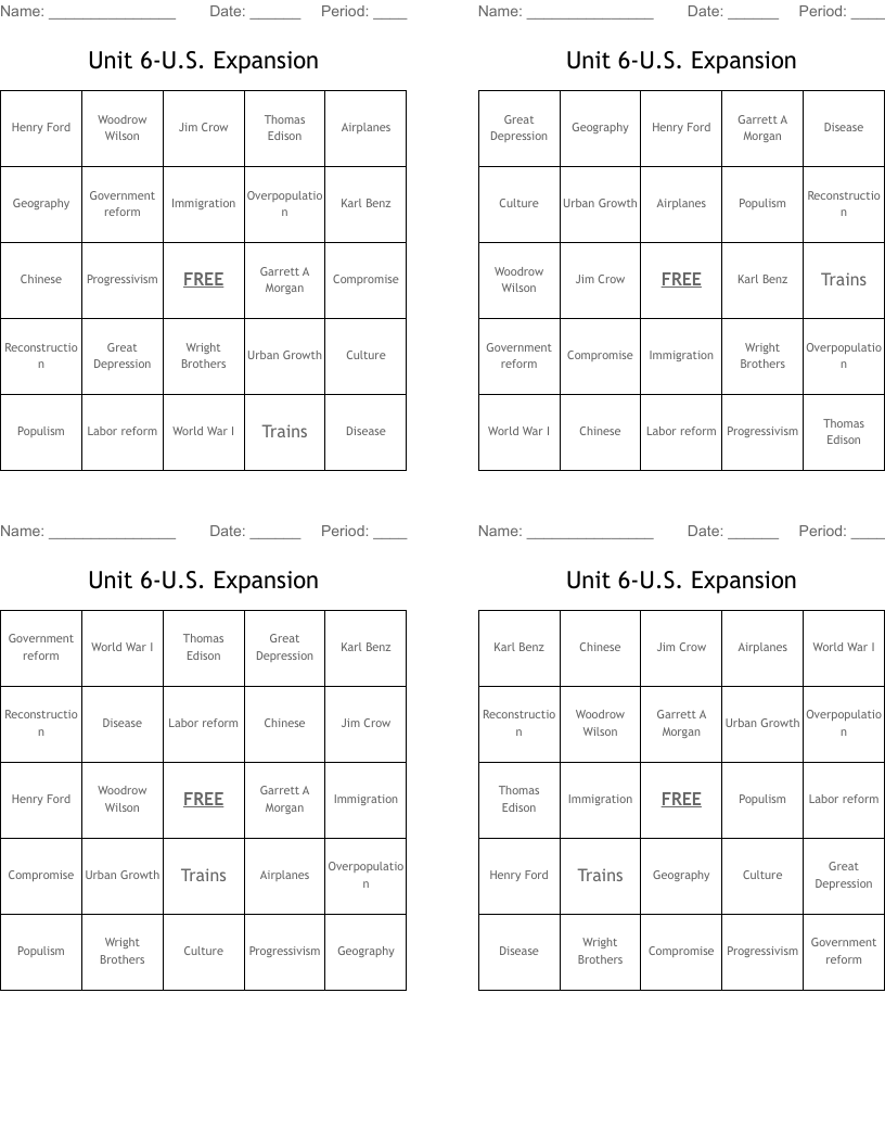 Unit 6-U.S. Expansion Bingo Cards
