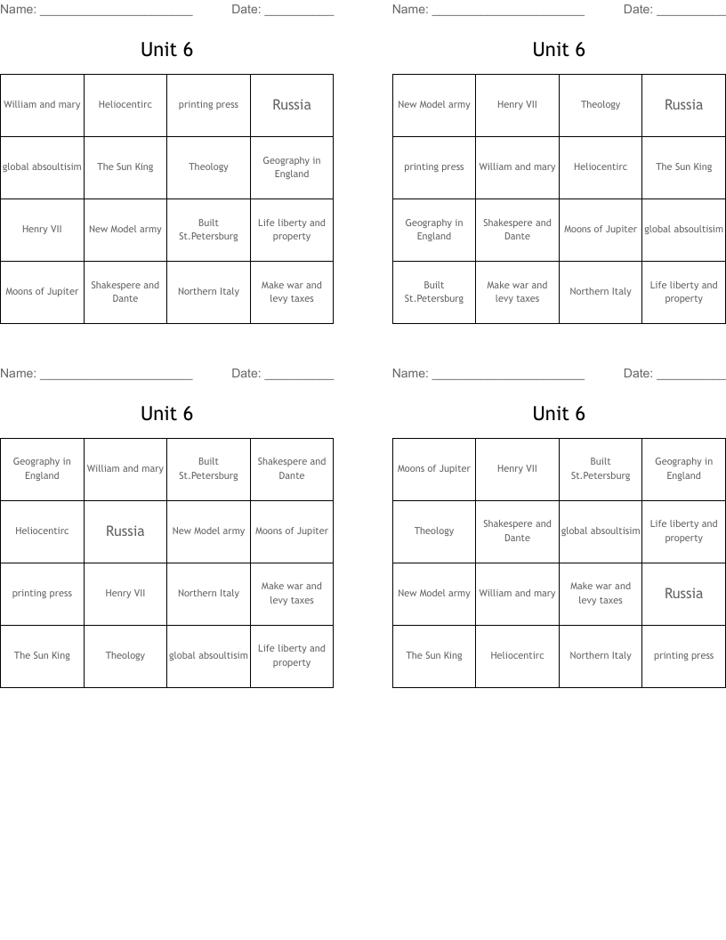 Unit 6 Bingo Cards