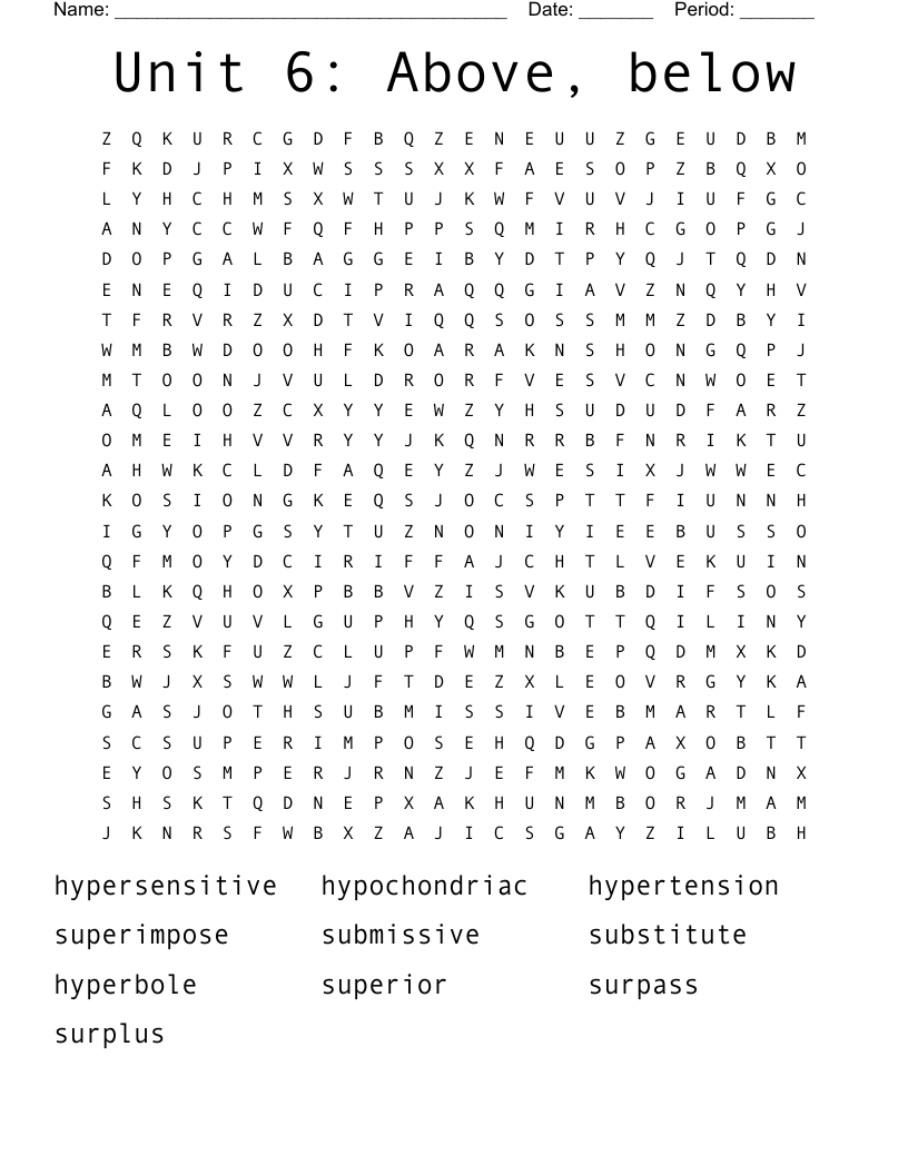 Unit 6: Above, below Word Search