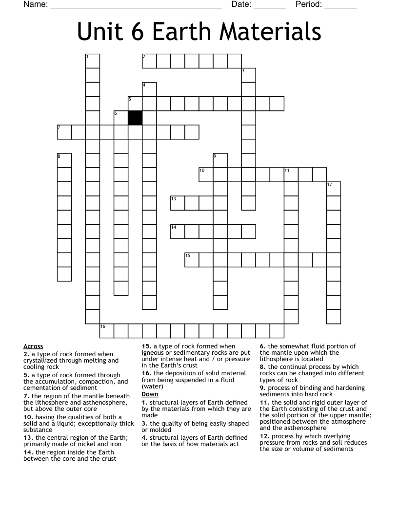 Unit 6 Earth Materials Crossword