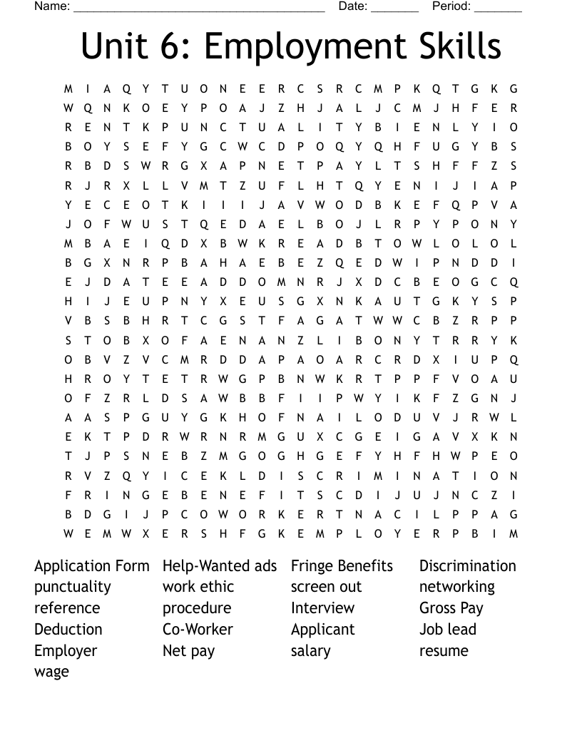 Unit 6: Employment Skills Word Search
