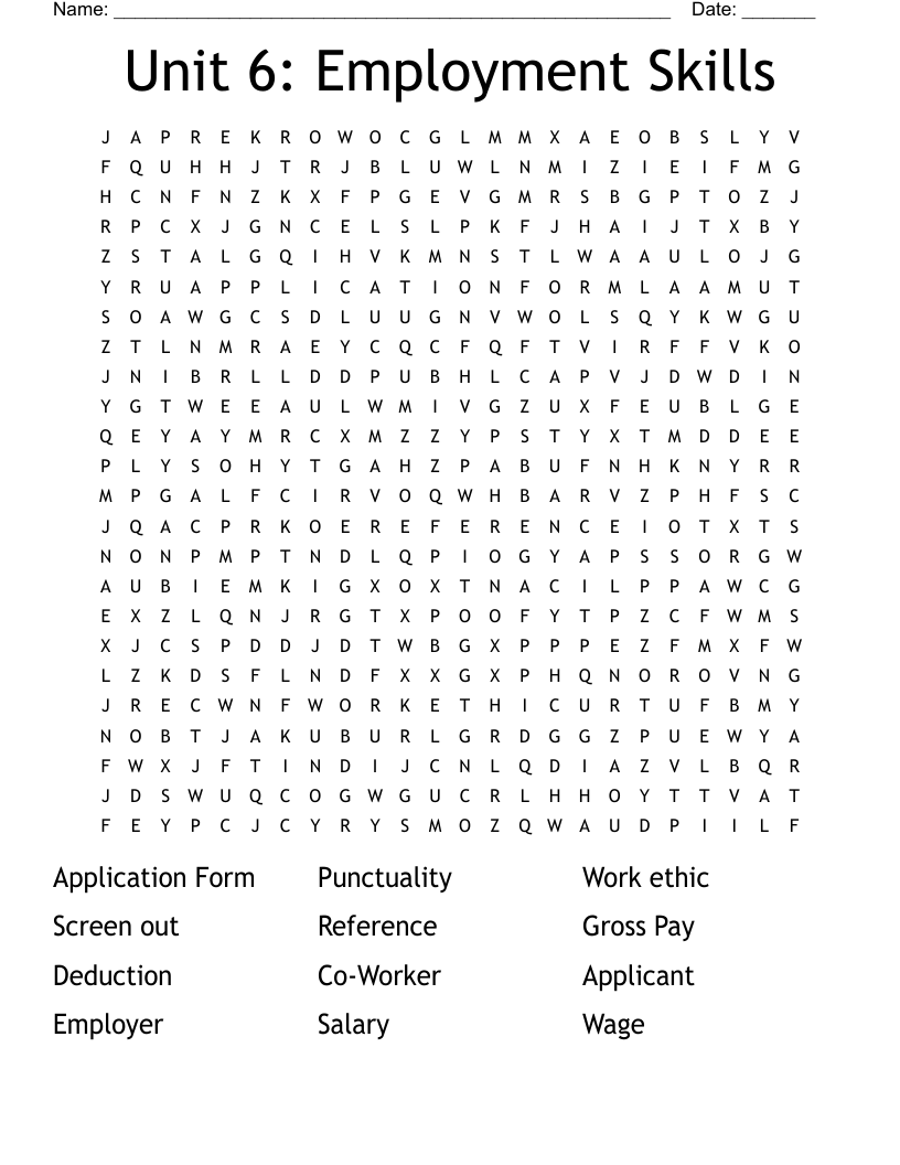 Unit 6: Employment Skills Word Search