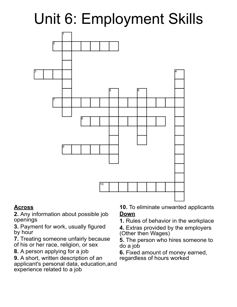 Unit 6: Employment Skills Crossword