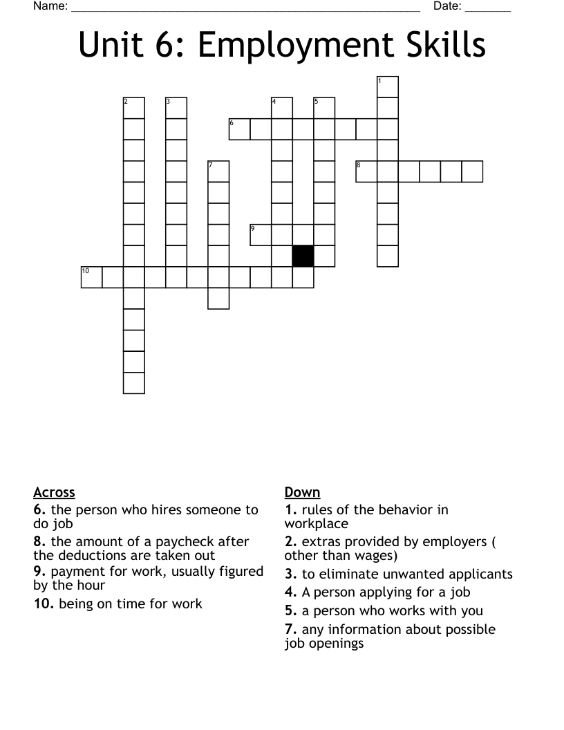 Unit 6: Employment Skills Crossword