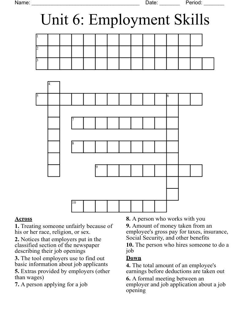 Unit 6: Employment Skills Crossword