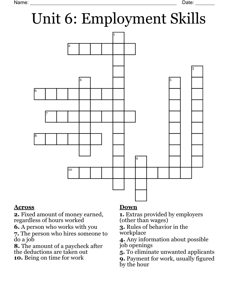 Unit 6: Employment Skills Crossword