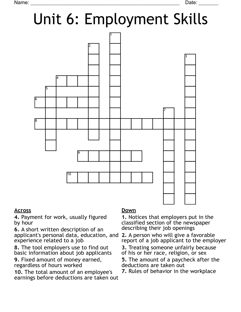 Unit 6: Employment Skills Crossword