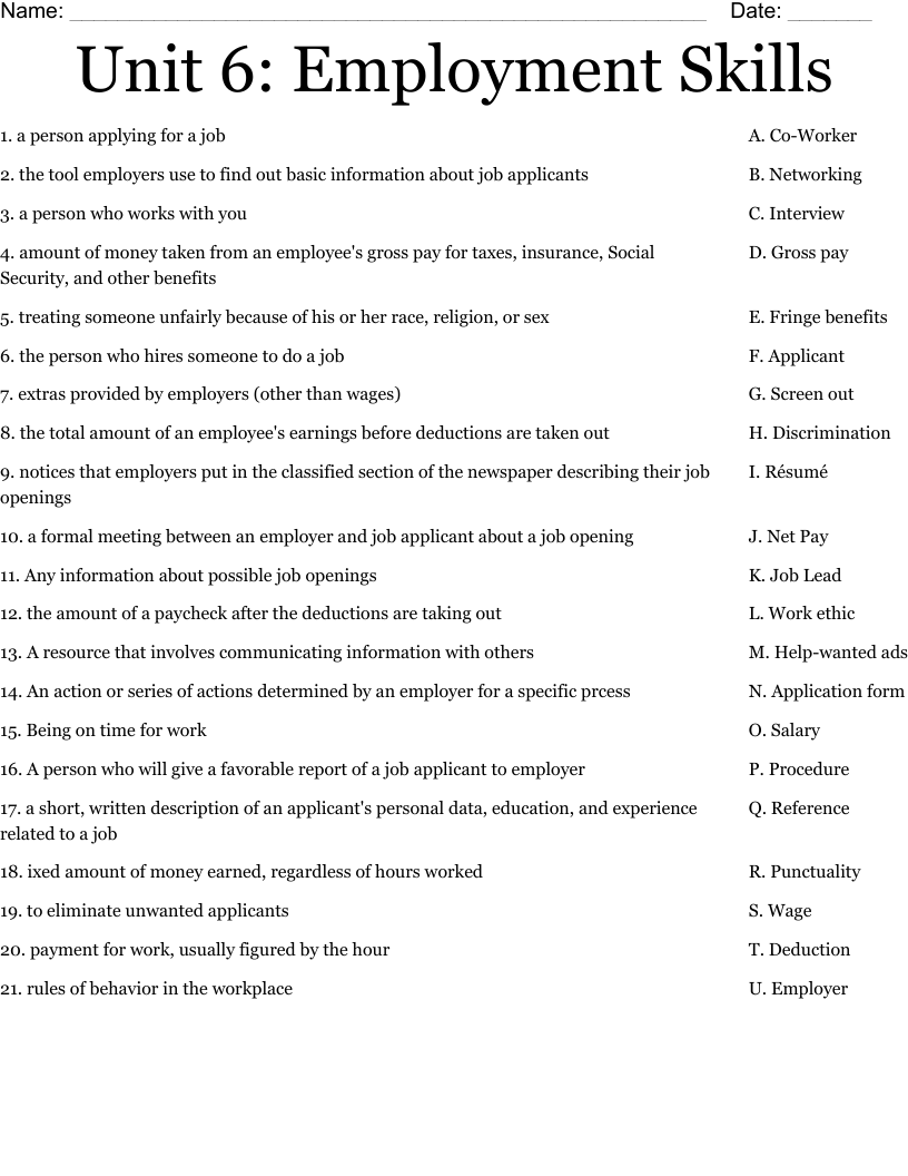 Unit 6: Employment Skills Worksheet