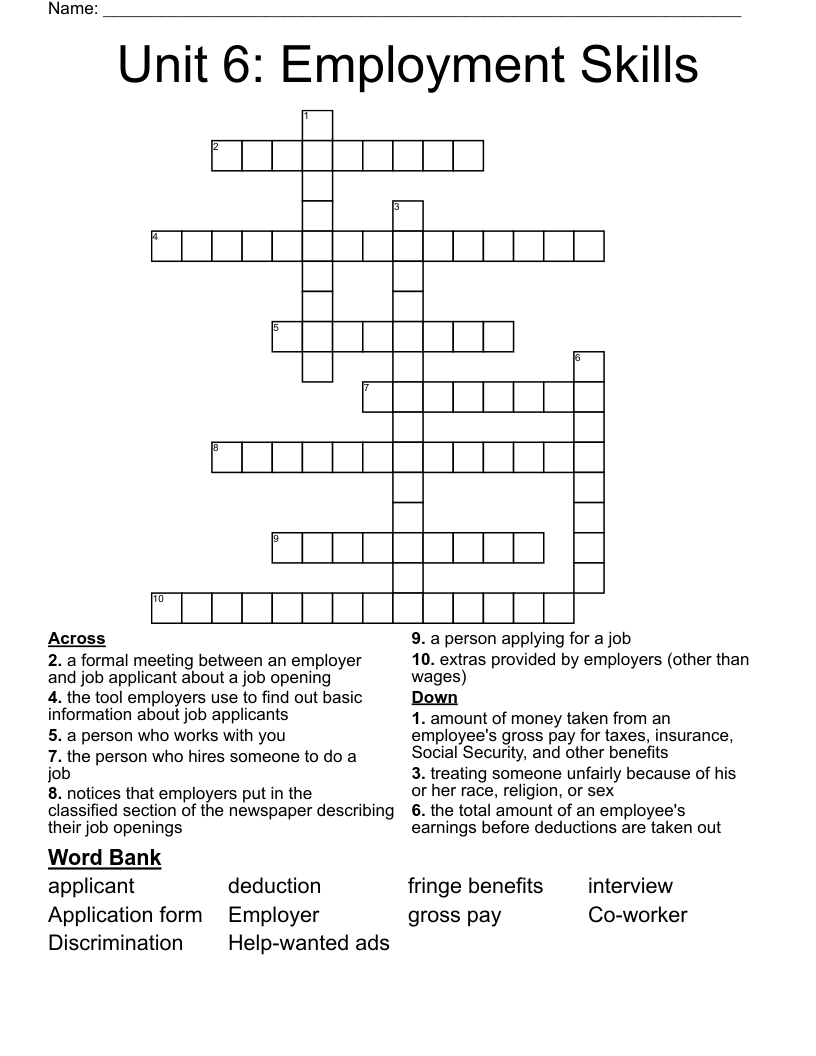 Unit 6: Employment Skills Crossword