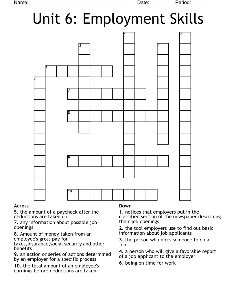 Unit 6: Employment Skills Crossword