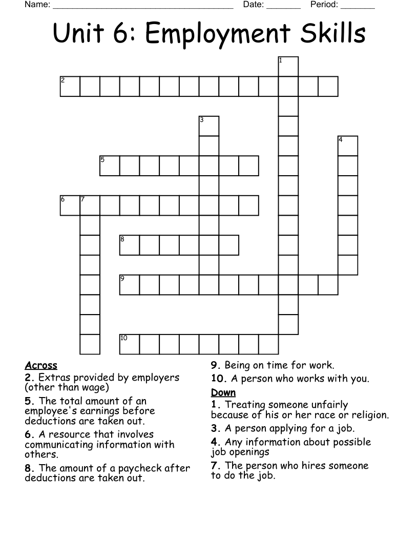 Unit 6: Employment Skills Crossword