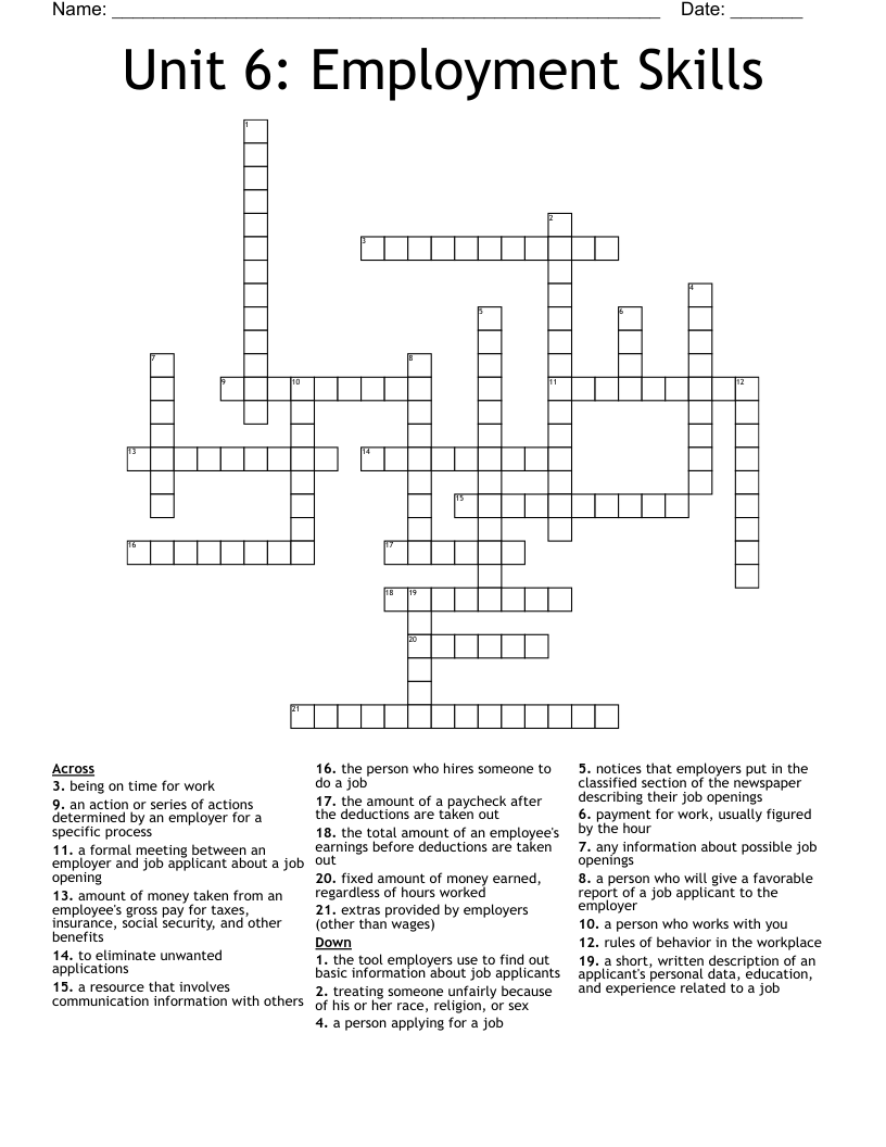 Unit 6: Employment Skills Crossword