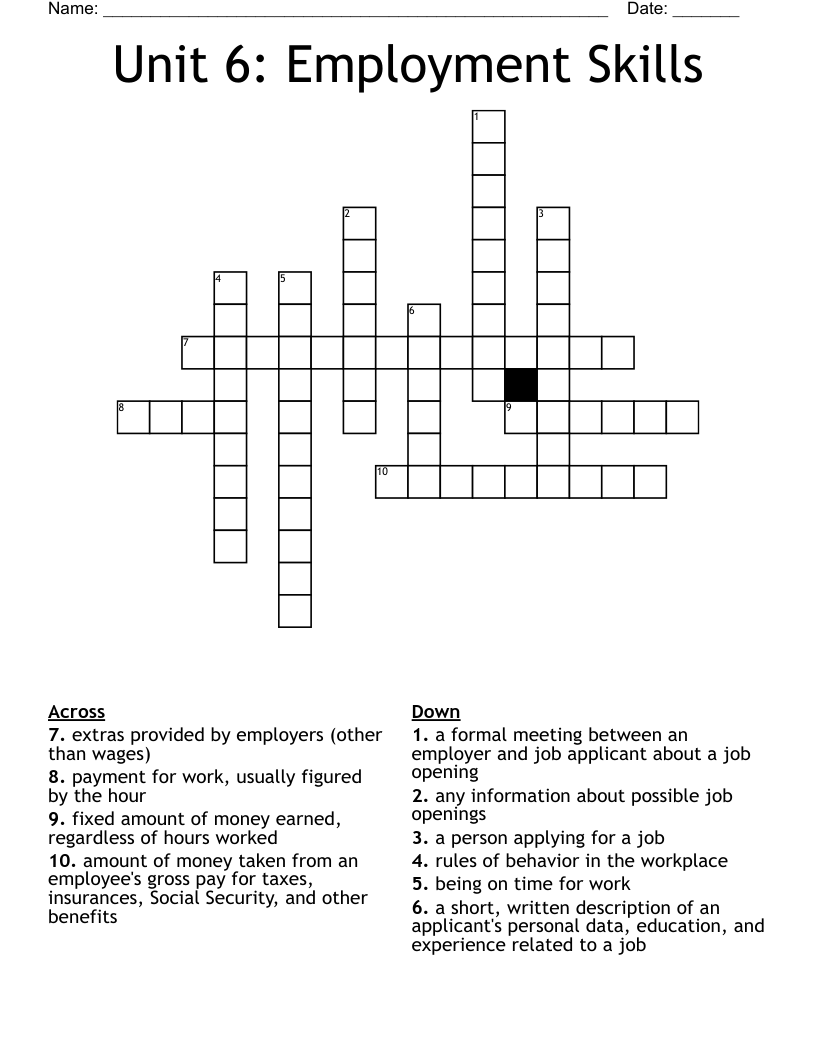 Unit 6: Employment Skills Crossword