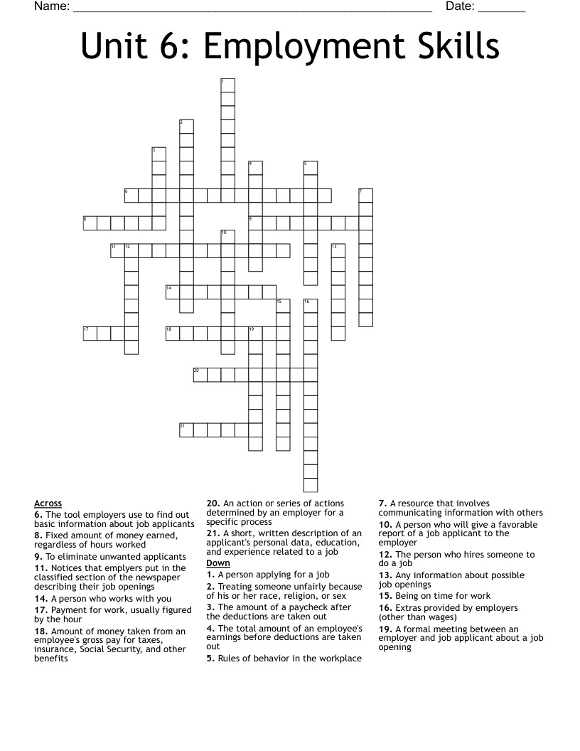 Unit 6: Employment Skills Crossword