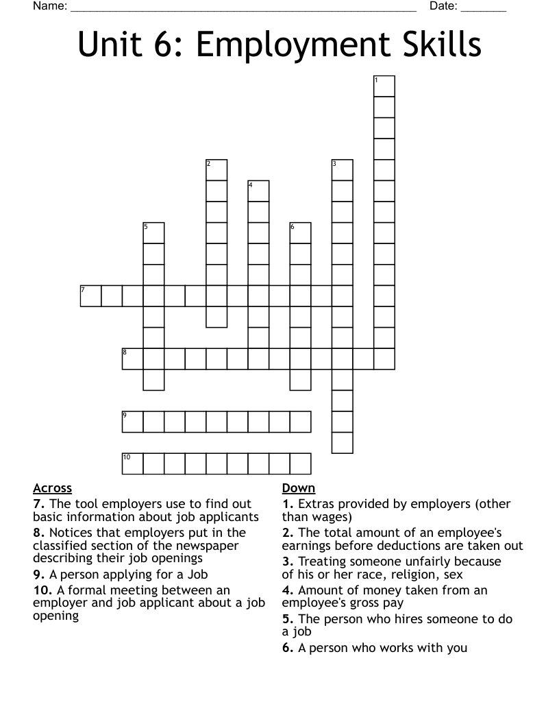 Unit 6: Employment Skills Crossword