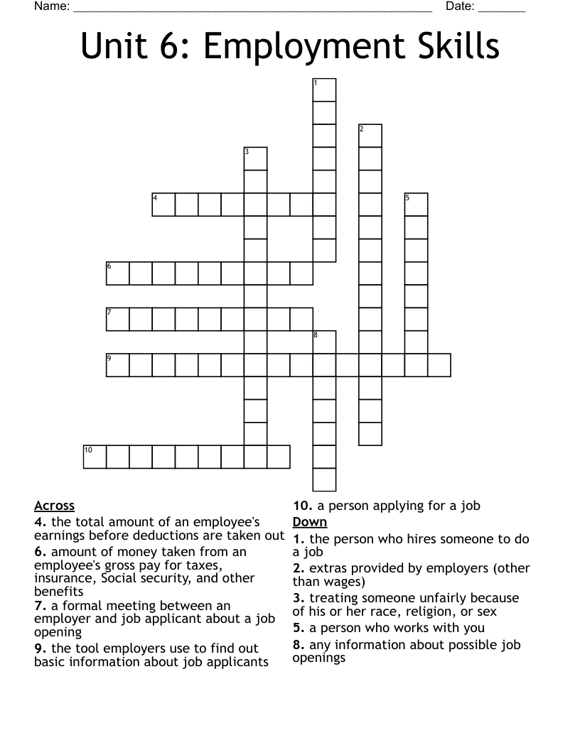 Unit 6: Employment Skills Crossword