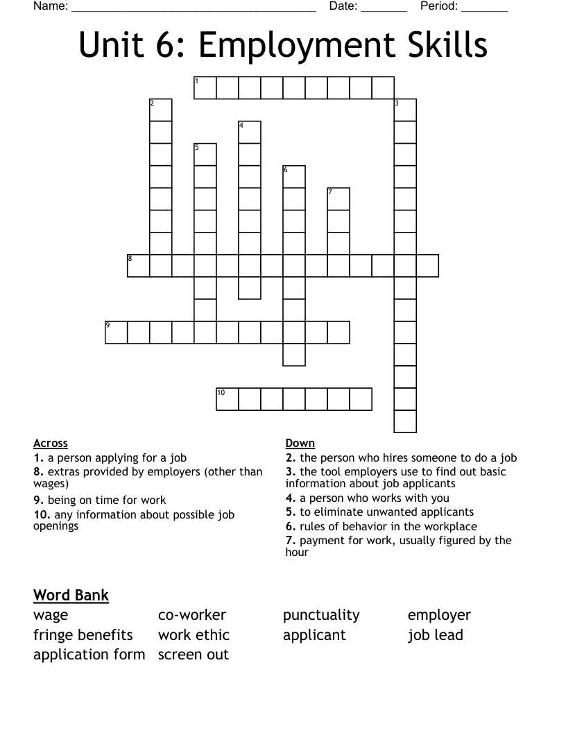 Unit 6: Employment Skills Crossword