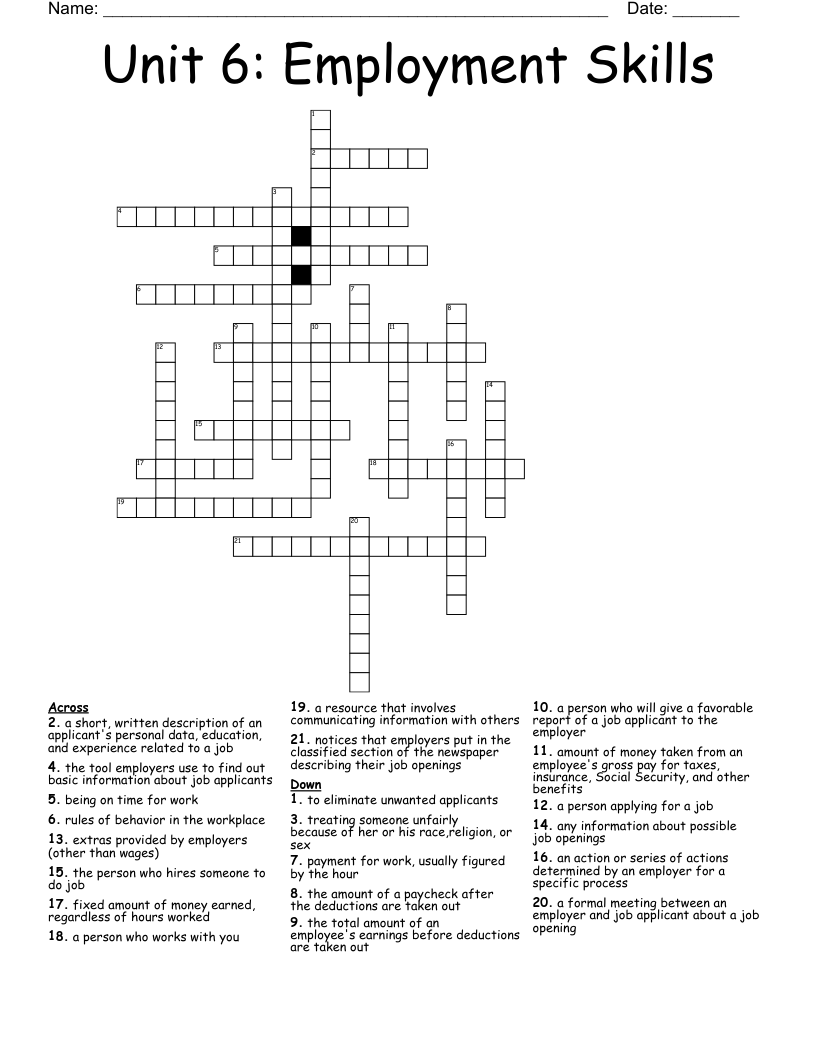 Unit 6: Employment Skills Crossword