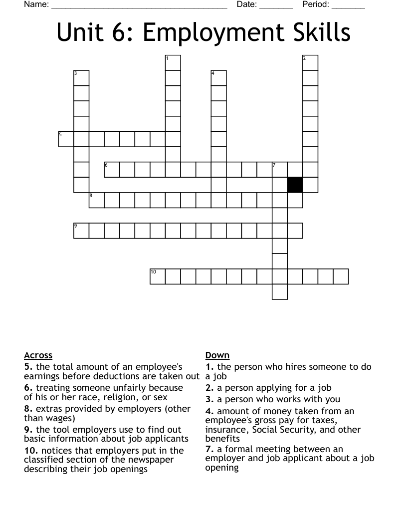 Unit 6: Employment Skills Crossword