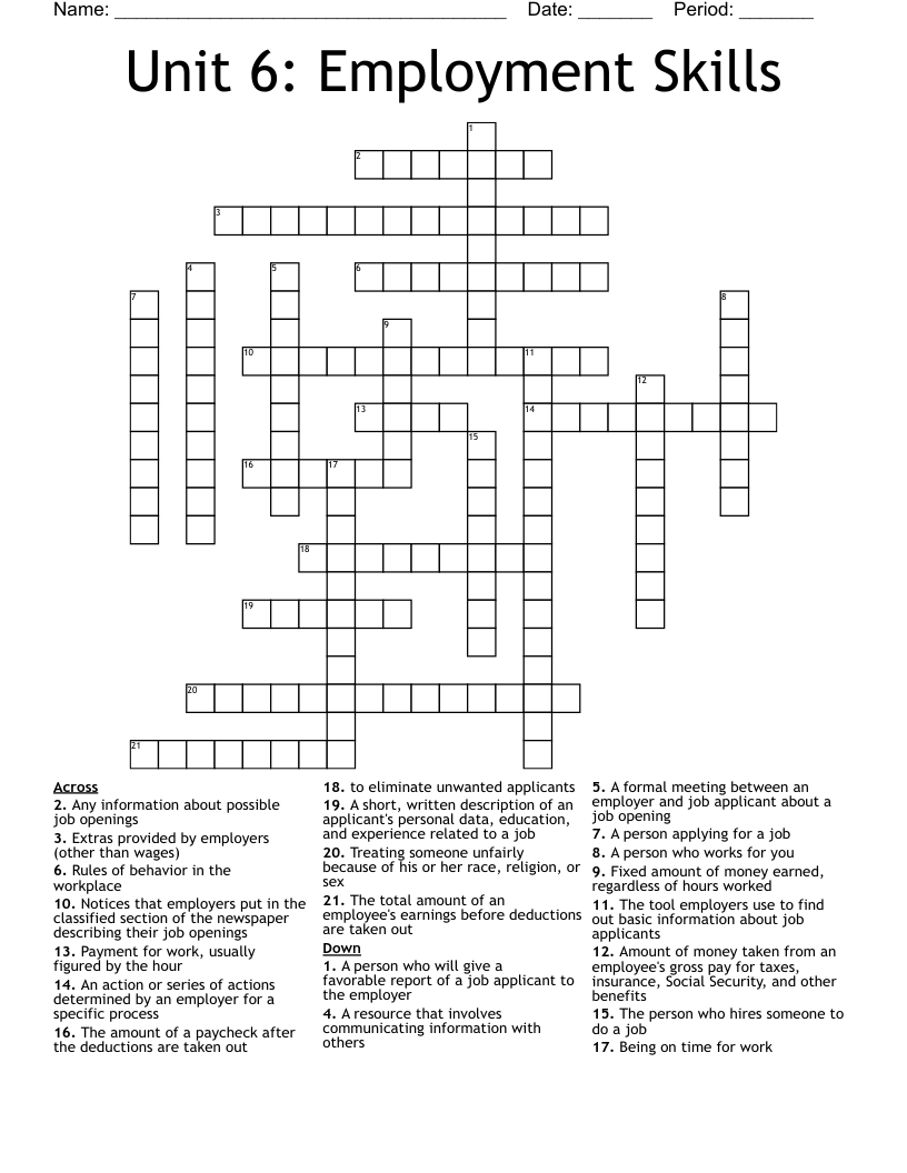 Unit 6: Employment Skills Crossword