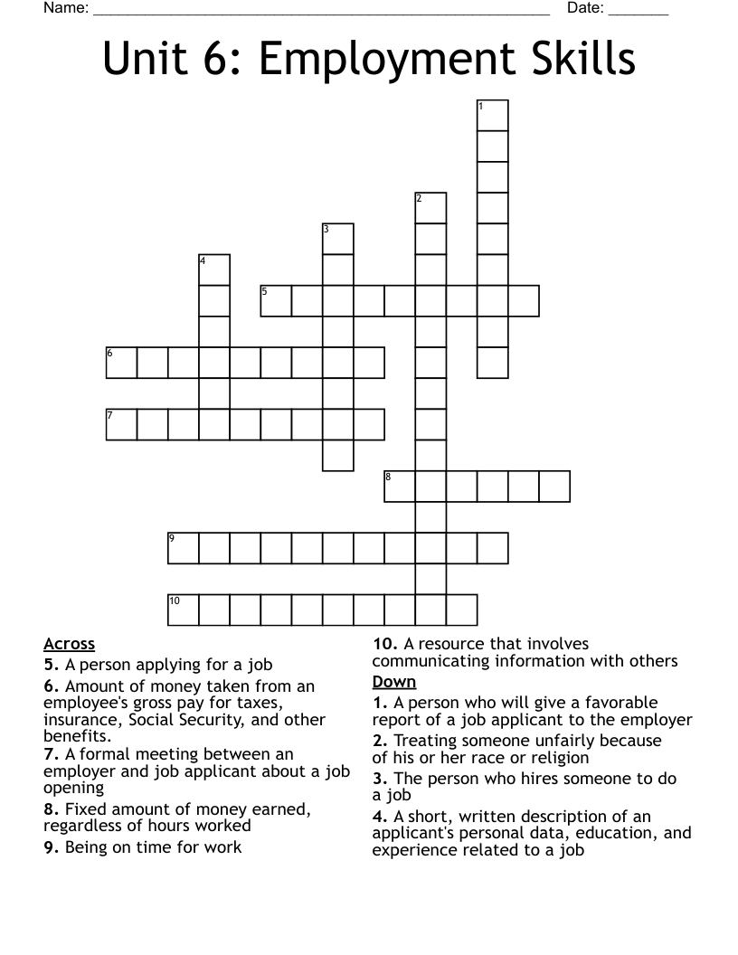 Unit 6: Employment Skills Crossword