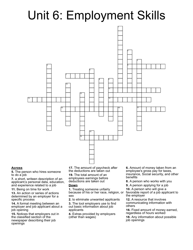 Unit 6: Employment Skills  Crossword