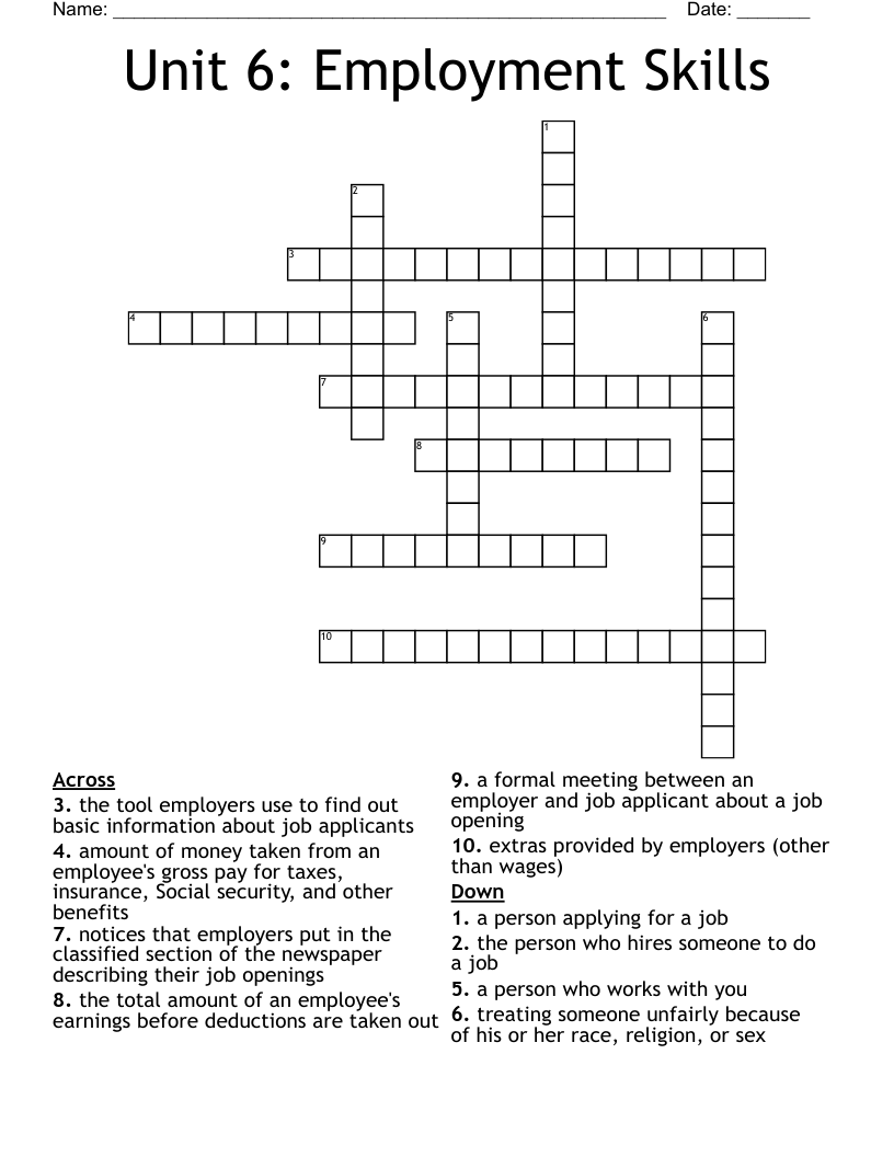Unit 6: Employment Skills  Crossword