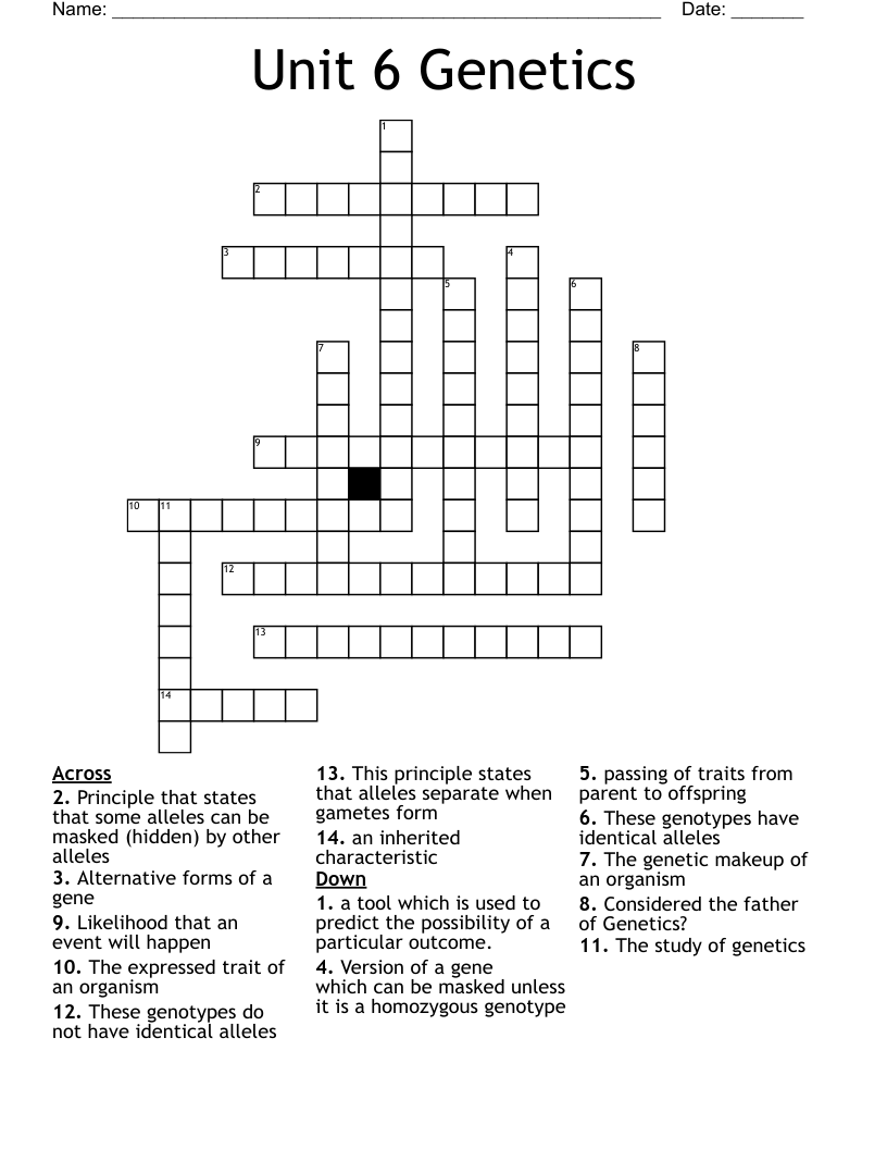 Unit 6 Genetics Crossword