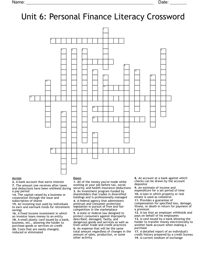 Unit 6: Personal Finance Literacy Crossword