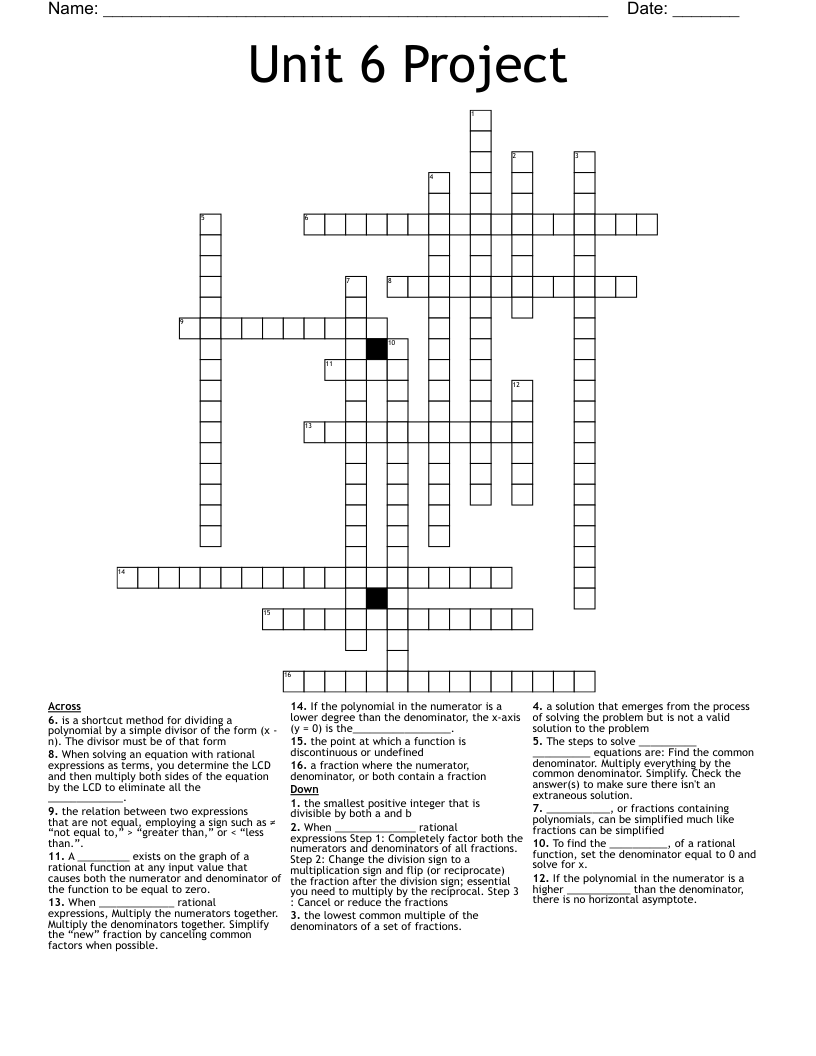 Unit 6 Project Crossword