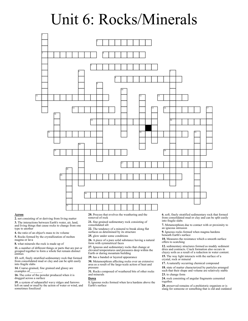 Unit 6: Rocks/Minerals  Crossword